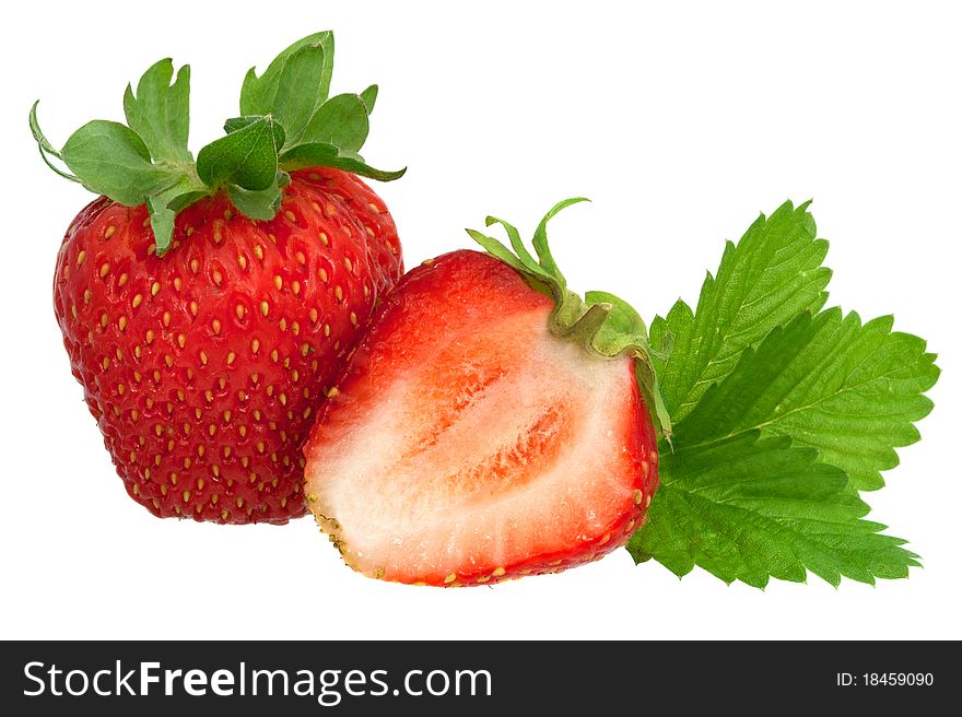 Ripe strawberries with leaves isolated