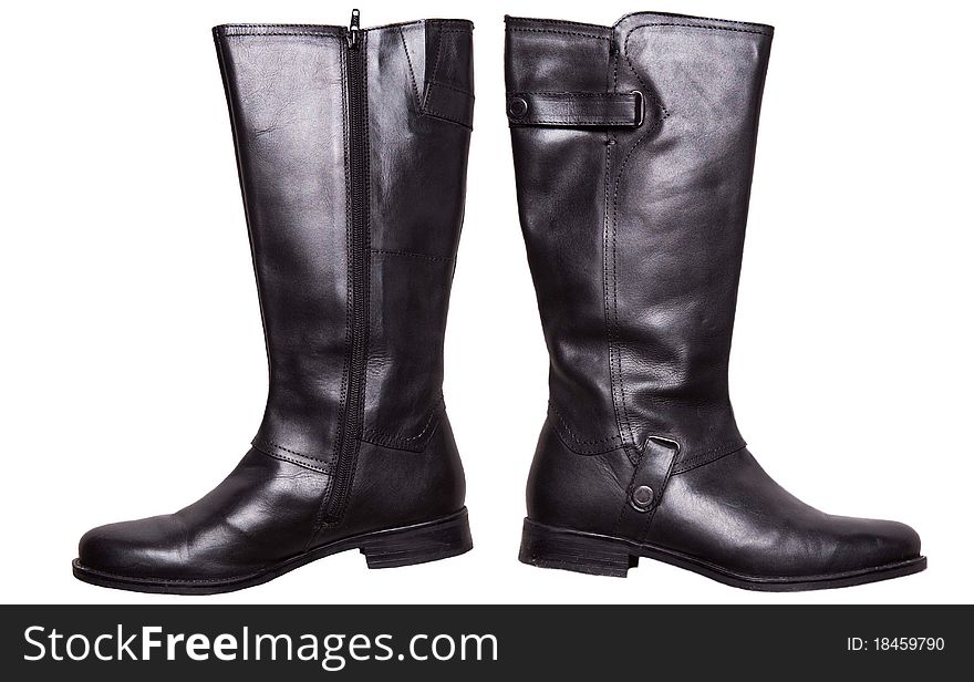 Black winter leather boots for females, isolated on white background