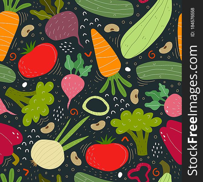 Seamless Pattern With Cartoon Vegetables, Decor Elements On A Neutral Background. Colorful Vector. Hand Drawing, Flat Style.