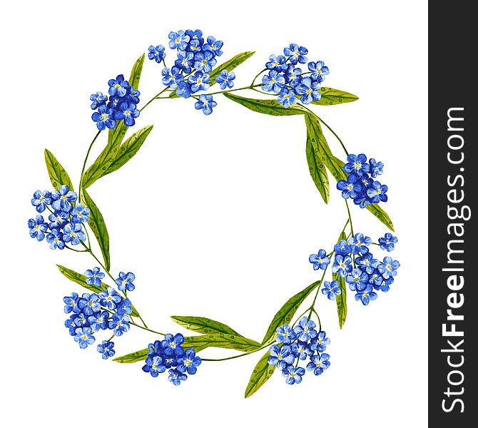Round wreath of watercolor wildflowers. Hand drawn illustration is isolated on white. Floral frame is perfect for linens design, greeting card, wedding invitations, interior poster, fabric textile