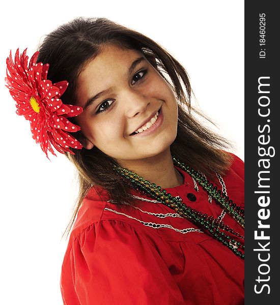 Portrait of a happy young teen girl in Mexican attire.  Isolated on white. Portrait of a happy young teen girl in Mexican attire.  Isolated on white.
