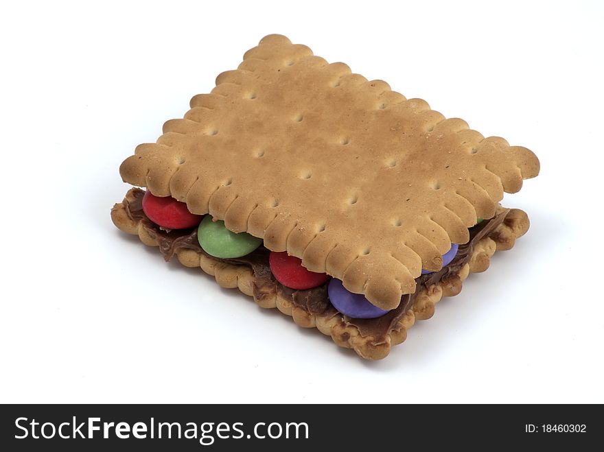 Small candy with chocolate cream sandwich, with bisquit, on white background. Small candy with chocolate cream sandwich, with bisquit, on white background