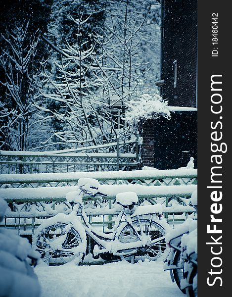 Bicycle parking palce coved with snow. Bicycle parking palce coved with snow.