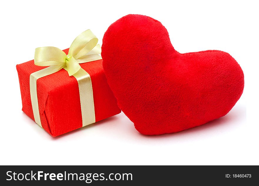 Red gift box with a textile red heart