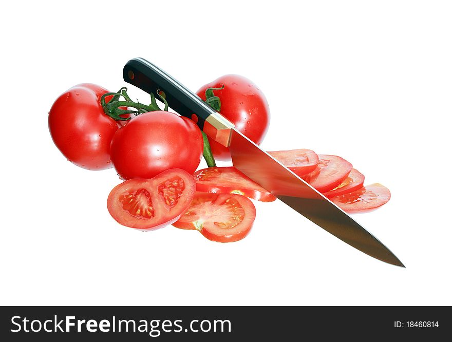 Kitchen knife cutting tomato. Isolated on white with clipping path. Kitchen knife cutting tomato. Isolated on white with clipping path