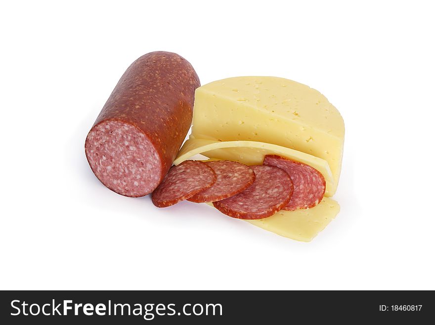 Sliced cheese and salami isolated on white background with clipping path. Sliced cheese and salami isolated on white background with clipping path