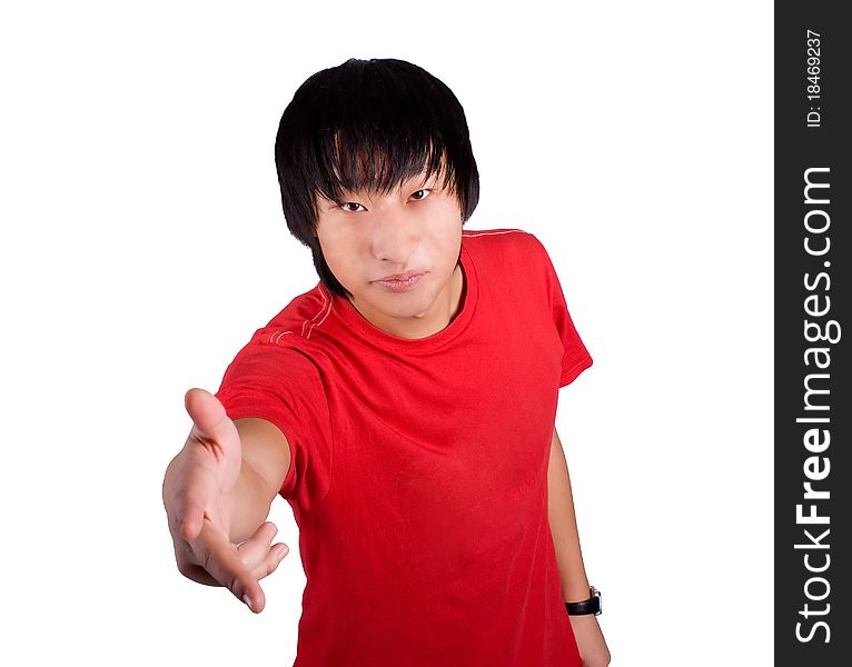 Asian happy man give the hand. Iisolated on the white background.
