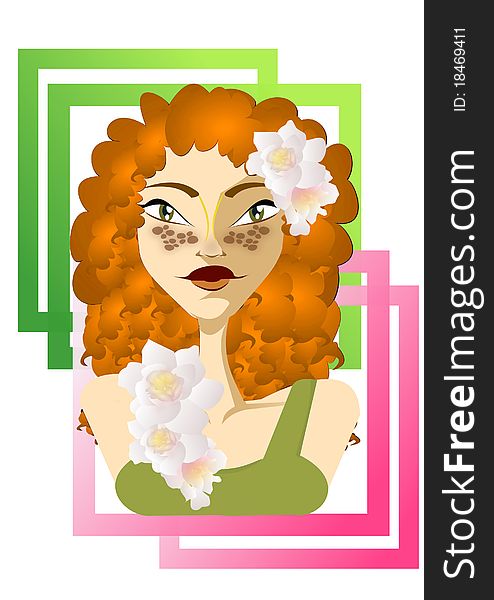 Sweet Freckled girl wearing gardenias as accessories. Sweet Freckled girl wearing gardenias as accessories