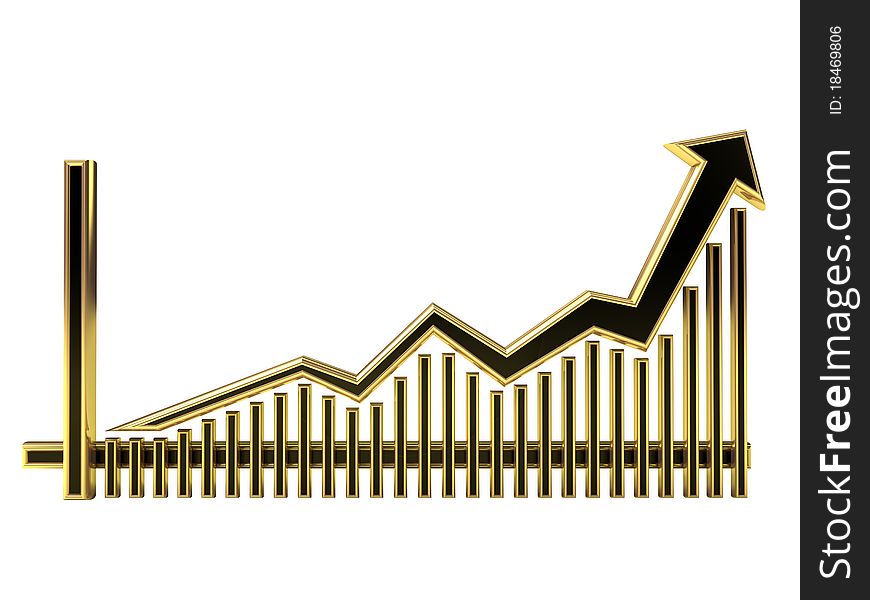 Golden Business Graph with arrow rising up and bars. Golden Business Graph with arrow rising up and bars