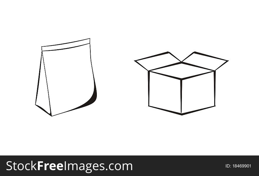 Box and pack, vector lines graphic, black on white. Box and pack, vector lines graphic, black on white