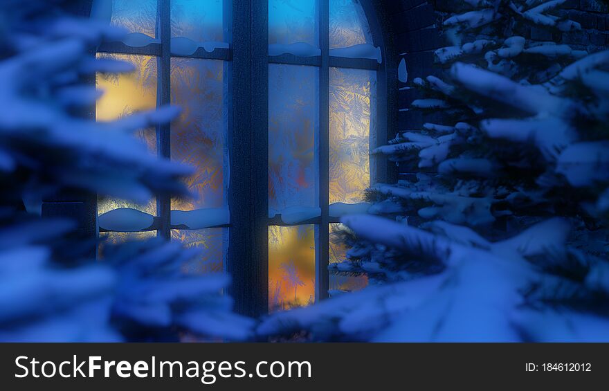 Winter Village Cottage Landscape. Snowy Forest. Snow. Snow-covered Christmas Tree. Snowfall. Winter Vacation. View Of The Luminous