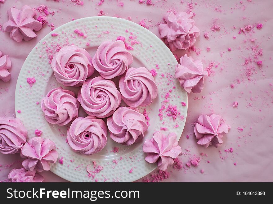 Pink Meringues On Plate, Colorful Background