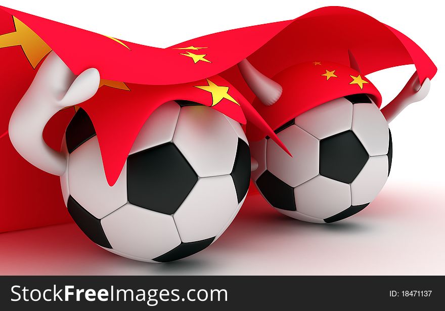 3D cartoon Soccer Ball characters with a China flag. 3D cartoon Soccer Ball characters with a China flag.