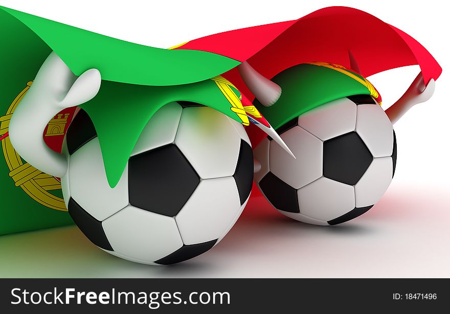 3D cartoon Soccer Ball characters with a Portugal flag. 3D cartoon Soccer Ball characters with a Portugal flag.