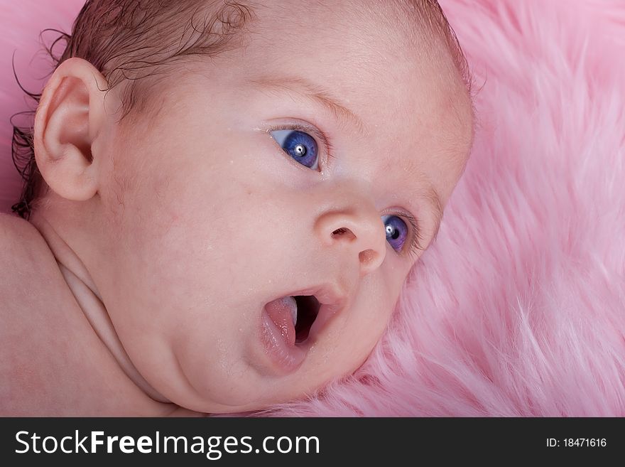 An Adorable Baby With A Pink Background. The baby is wearing purple and has a purple bow in her hair. An Adorable Baby With A Pink Background. The baby is wearing purple and has a purple bow in her hair.