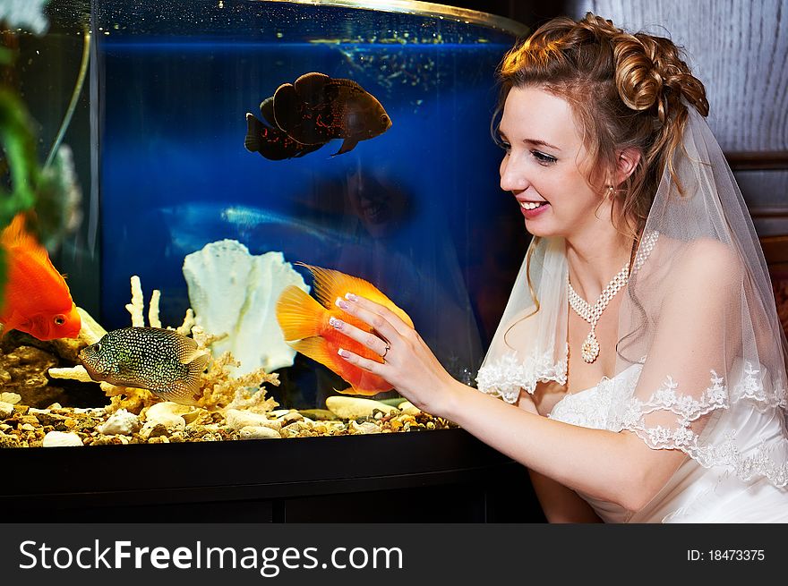 Beautiful bride near big aquarium with orange and black fish