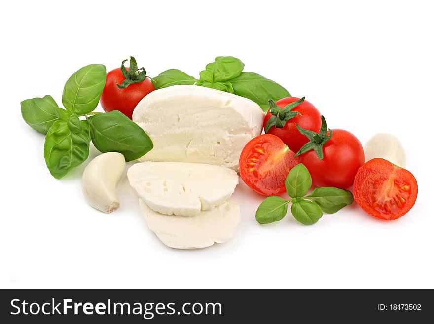 Italian salad ingredients on a white background. Italian salad ingredients on a white background