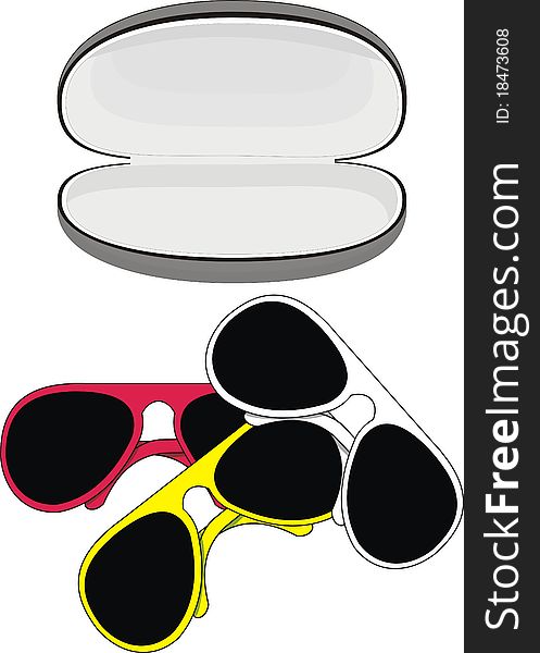 Isolated vector set of trendy sunglasses in color plastic frames and case on white background. Isolated vector set of trendy sunglasses in color plastic frames and case on white background