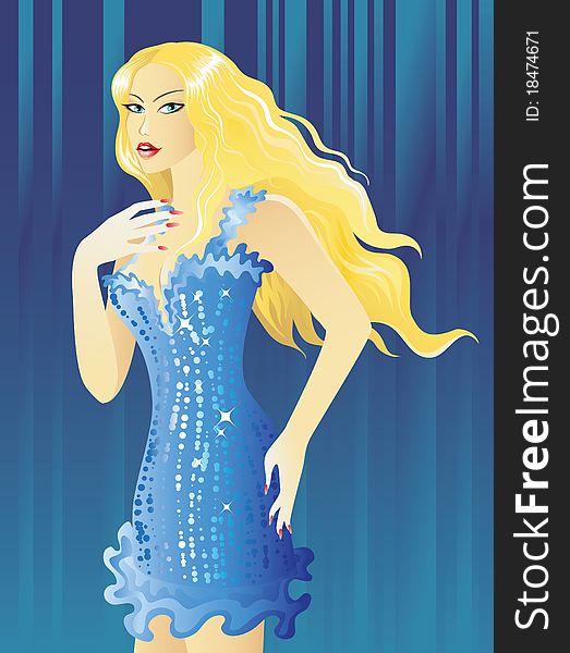 Blond girl in blue dress