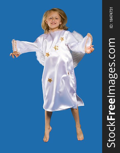 The girl-angel costumes in blue backgraund
