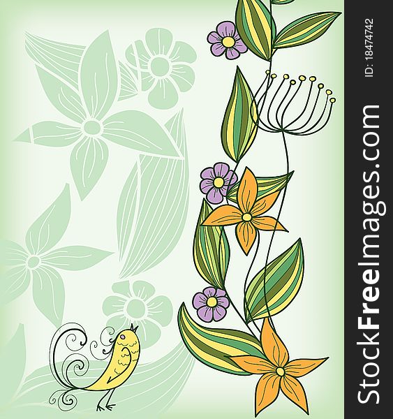 Abstract background with decorative plants and bird