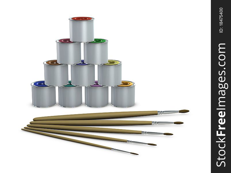 Color tins with brushes of different sizes. Color tins with brushes of different sizes