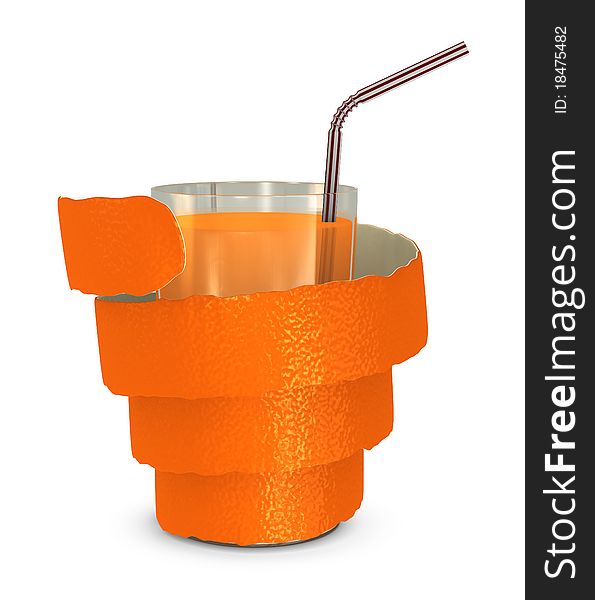 One 3d render of a glass of orange juice with orange peel