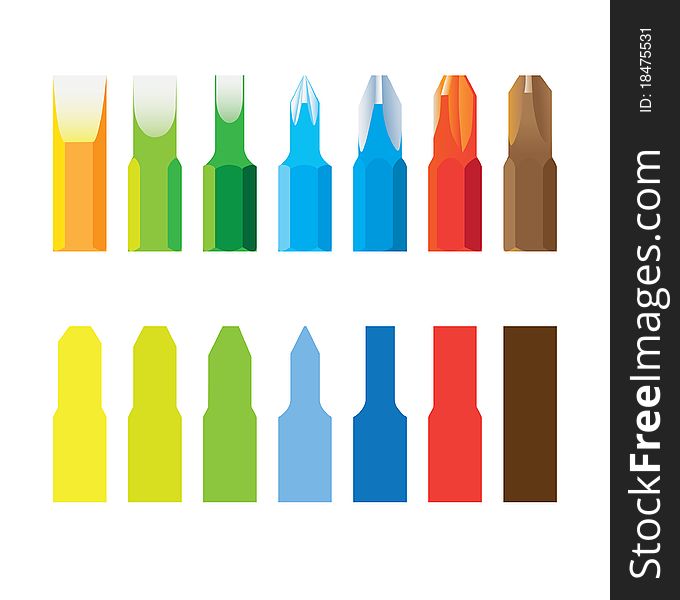 Screw-drivers bit in line isolated - colored and silhouette illustration