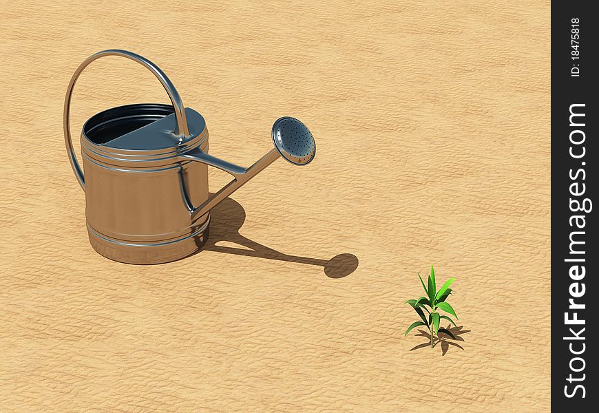 Seedling With Watering Can In The Desert