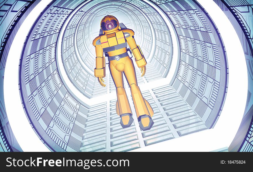An astronaut walk in a spaceship corridor in 3d. An astronaut walk in a spaceship corridor in 3d