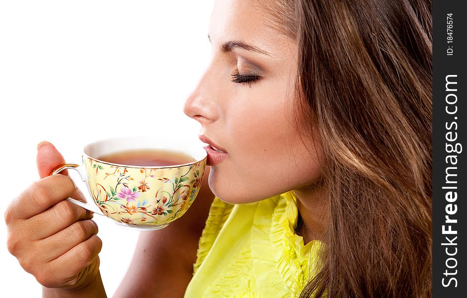 Beauty woman with fresh cup of black tea. Beauty woman with fresh cup of black tea