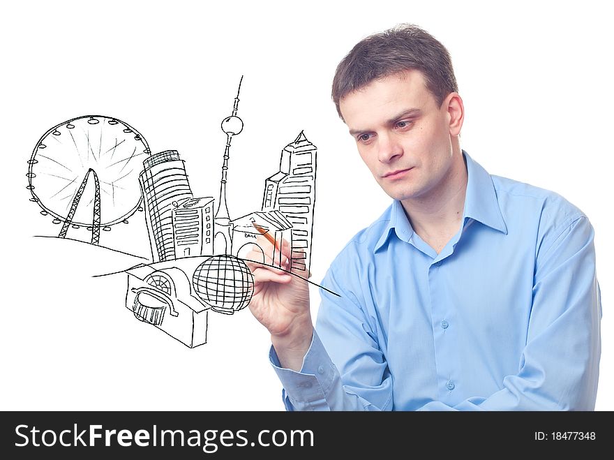 Businessman drawing a city of the future on white background
