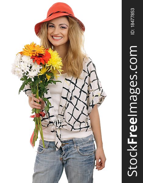 Joyful blonde model with a bouquet of flowers. Isolated on white. Joyful blonde model with a bouquet of flowers. Isolated on white.