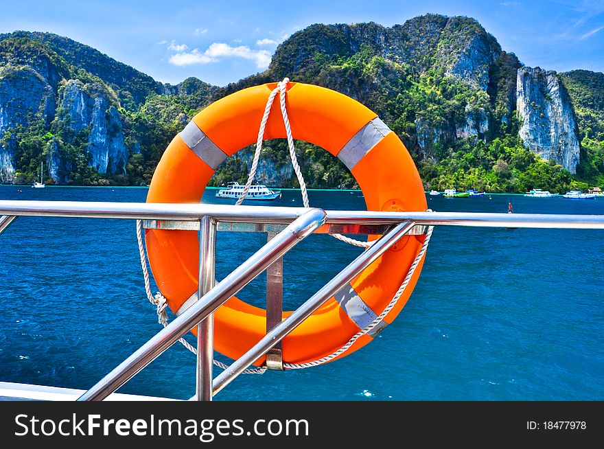 Lifebuoy on the boat at phi-phi island inthailand