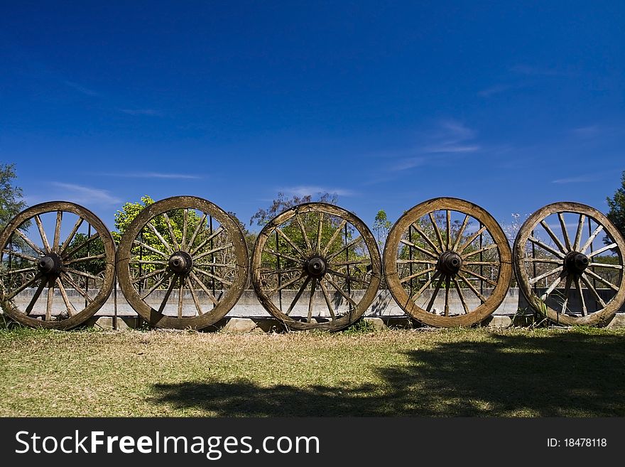 Old cartwheels on blue sky