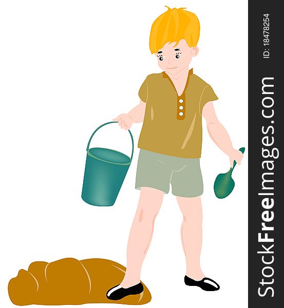 Boy with pail and and dustpan beside sandboxes. Boy with pail and and dustpan beside sandboxes