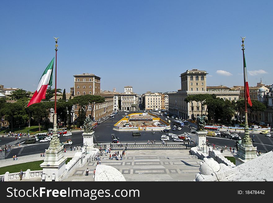 Overview of Piazza Venezia by the monument of Vittorio Emanuele II. Overview of Piazza Venezia by the monument of Vittorio Emanuele II