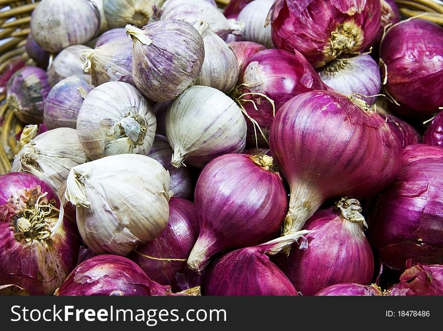 Garlic and shallot; texture background. Garlic and shallot; texture background.