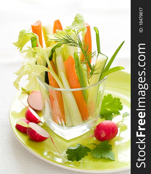 Delicious fresh vegetable appetizer in glass