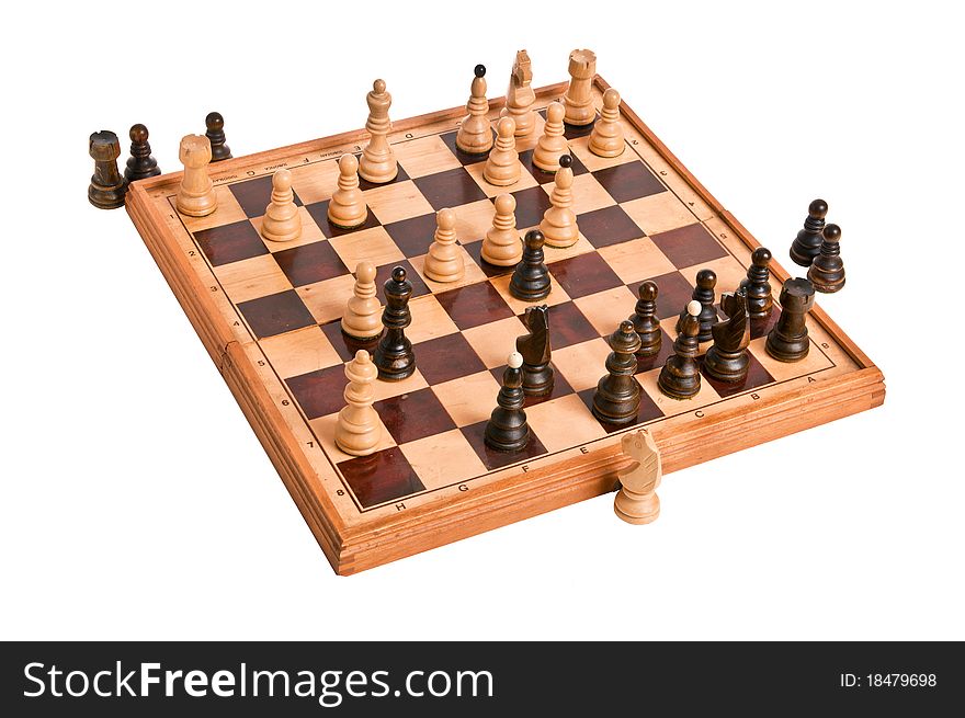 Matt Chess position white queen near a black king on the chess board, isolated on the white background