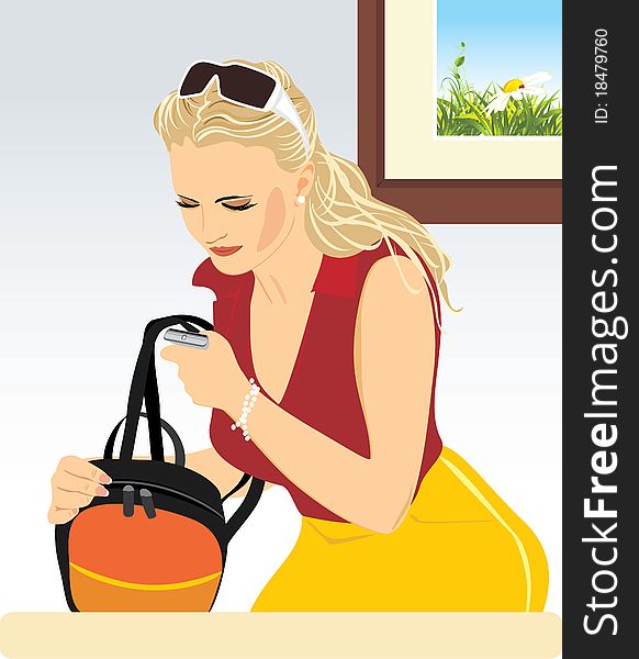 Young woman with a mobile telephone and backpack. Illustration