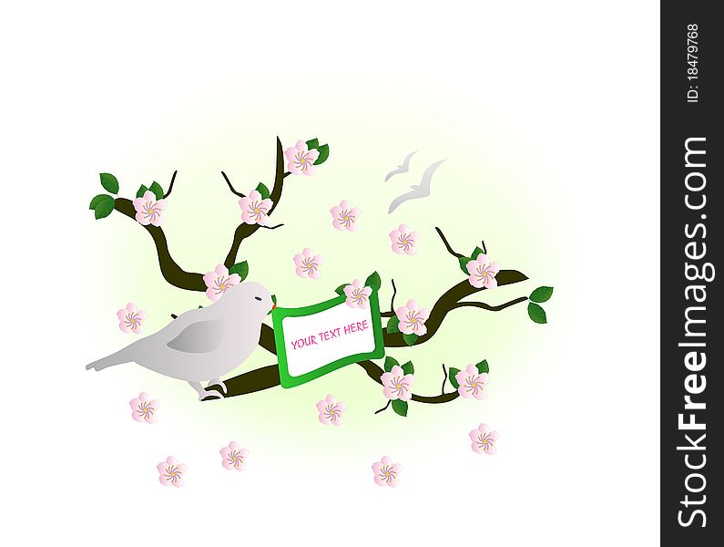 Bird sitting on a branch with cherry flowers, card in its beak, vector format. Bird sitting on a branch with cherry flowers, card in its beak, vector format