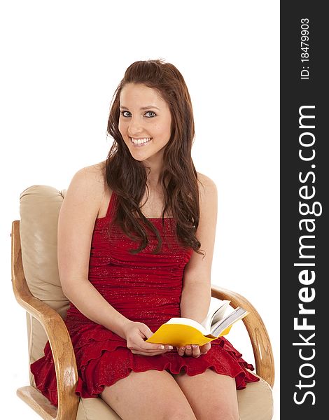 Woman red dress book sit smile