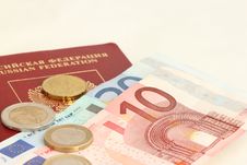 A Russian Foreign Passport With Euro Coins Royalty Free Stock Photo A Russian Foreign Passport With Euro Coins Royalty Free Stock Photo