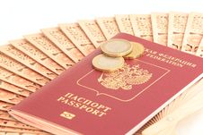 A Russian Foreign Passport With Euro Coins Stock Photography A Russian Foreign Passport With Euro Coins Stock Photography