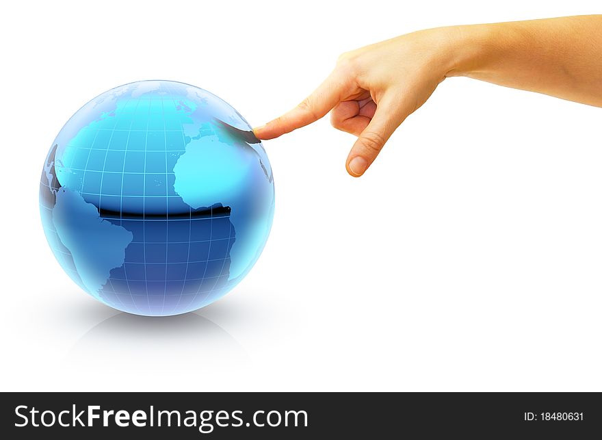 Hand pointing on a globe as holiday destination to Europe. Hand pointing on a globe as holiday destination to Europe
