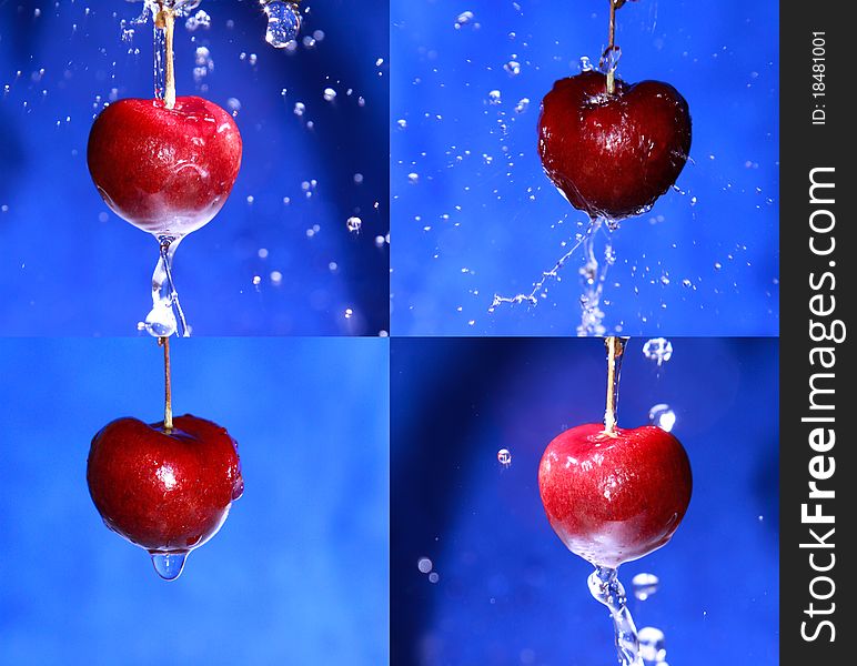 Set : wet cherry on a blue background. Set : wet cherry on a blue background