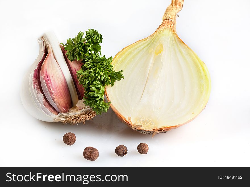 Onion, garlic and pepper isolated over white