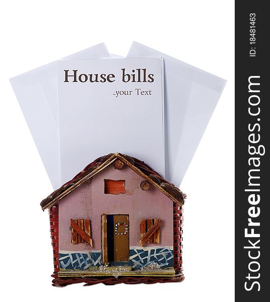 A small wooden pink house with some letters inside, as bills, isolated on white background. A small wooden pink house with some letters inside, as bills, isolated on white background