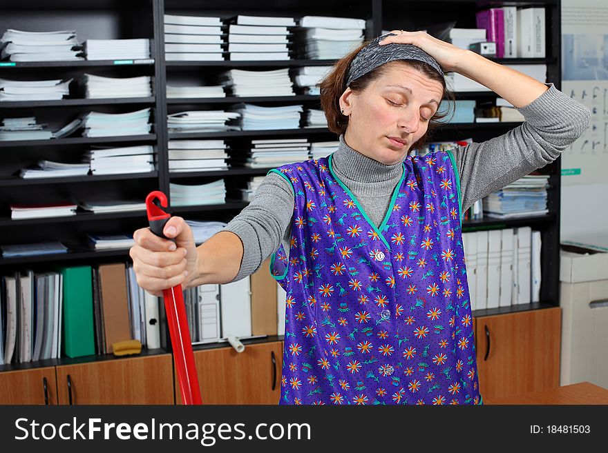 Professional cleaning lady at her work in the office